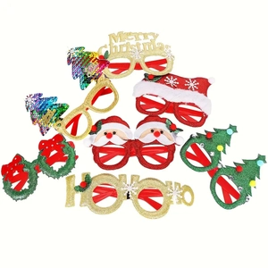 Detail view of various Christmas party eyewear featuring Santa and Merry Christmas themes
