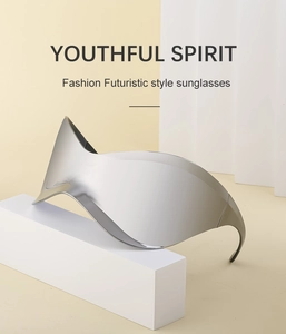 Macro view of silver futuristic rimless cycling sunglasses with a reflective mirror finish