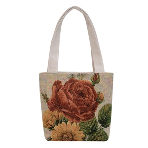 Ethnic style canvas tote bag with double-sided floral gold embroidery and red roses