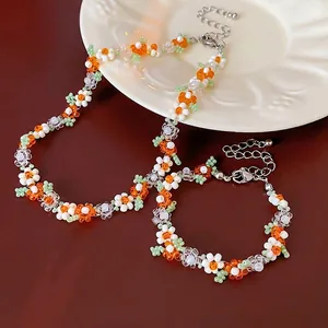 Colorful floral seed bead necklace and bracelet set with adjustable lobster clasp