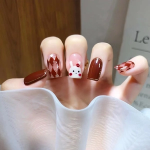 Sweet New Year Press On Nails Red Brown Argyle Diamond Pattern Cute Rabbit Square Round Glossy False Nails For Women