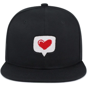 Black hip-hop flat brim hat with red heart embroidery on a white background