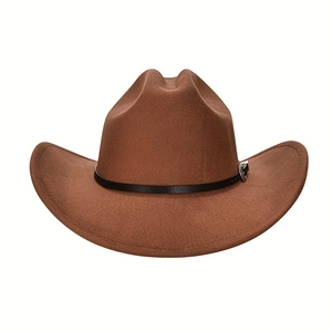 Detail of dark brown wool felt cowboy hat with black leather strap and silver buckle