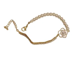 Elegant camellia pearl bracelet with rhinestones and gold alloy chain for women