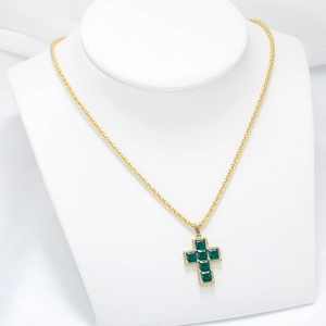 Hip hop gold bead chain necklace featuring a cross pendant with square green gemstones