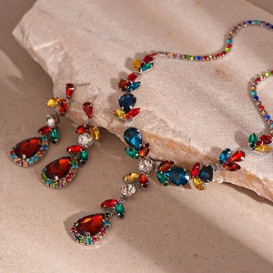 Bohemian silver necklace and drop earrings set with colorful teardrop zircon stones