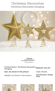 Close-up of glittery gold iron Christmas tree topper stars with spiral base
