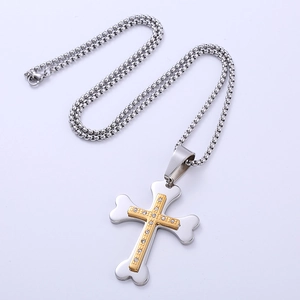 Two-tone stainless steel bone pendant necklace with gold cross and crystals
