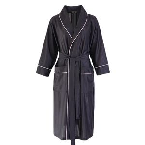 Navy blue striped satin bathrobe with white contrast piping and a classic shawl collar