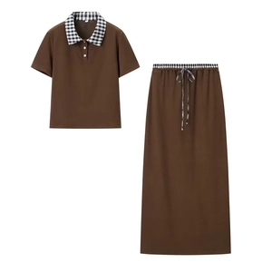 Detail of coffee polo set featuring black and white plaid collar and drawstring waist
