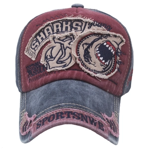 Vintage washed cotton baseball cap with shark patch embroidery and distressed details