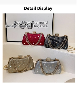 Detail view of sparkling evening clutch bags in four colors with luxury rhinestone chains