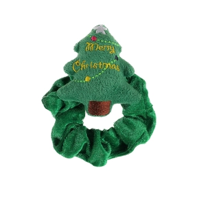 Green velvet Christmas tree scrunchie with Merry Christmas embroidery on white background