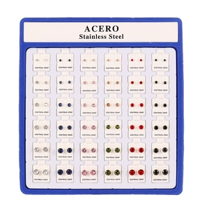 Wholesale set of 30 pairs stainless steel stud earrings in assorted gemstone colors