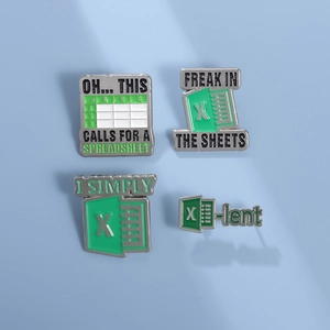 Excel spreadsheet enamel pin set with office humor quotes on light blue background