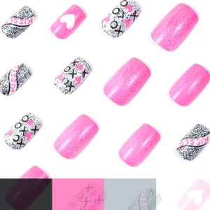 Pink heart and glitter false nail set with XOXO and KISSES designs for Valentine's Day