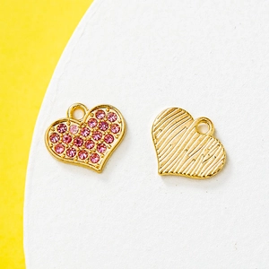 Golden heart charm pendants with pink rhinestones and striped texture for DIY jewelry