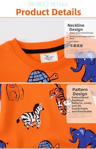 Detail of kids orange sweatshirt featuring colorful animal patches and ribbed crew neck