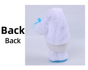 Back view of a plush white Christmas gnome doll with blue ribbon and knitted base details