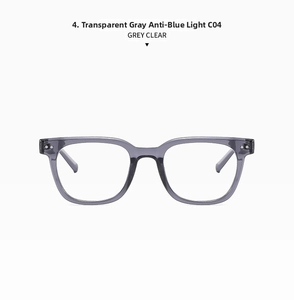Detail of grey clear square frame glasses with anti-blue light protection lenses