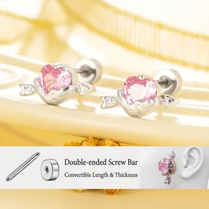 Pink Heart Zircon Cupid Arrow Cartilage Stud Earrings Titanium Steel Screw Back Piercing Jewelry For Women