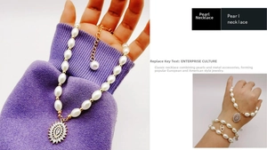 Detailed macro view of white oval pearls with golden sunflower pendant and micro diamonds