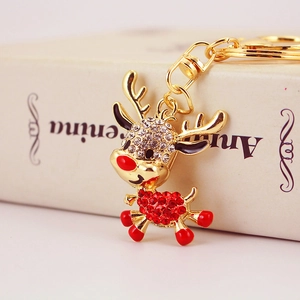 Christmas Reindeer Keychain Zinc Alloy Rhinestone Enamel Gold Tone Animal Pendant Holiday Gift Keyring For Women Girls