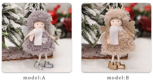 Detailed view of plush Christmas angel dolls with knit hats, wings and soft faux fur texture