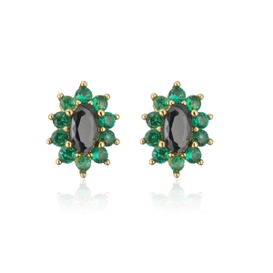 Detail of 18K gold plated stud earrings with black center stone and green zircon halo