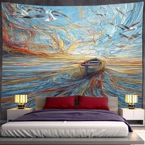 Artistic mandala tapestry with seagulls and boat over bed in a cozy bedroom