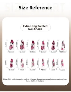 Size chart for extra long stiletto press-on nails featuring butterfly and rhinestone designs