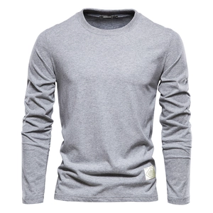 Men's solid grey long sleeve cotton t-shirt with classic round neck and knit texture