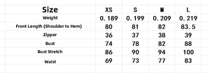 Detailed size chart for floral mini dress showing measurements from XS to L