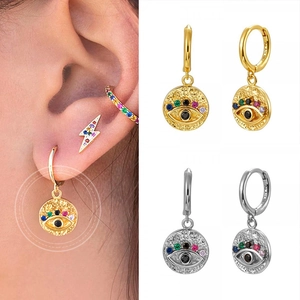 S925 silver evil eye hoop earrings with colorful zircon in gold and silver finish
