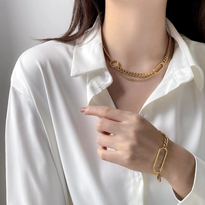 Minimalist Gold Plated Titanium Steel Necklace And Bracelet Jewelry Set Chunky Curb Chain Paperclip Links Toggle Clasp Women