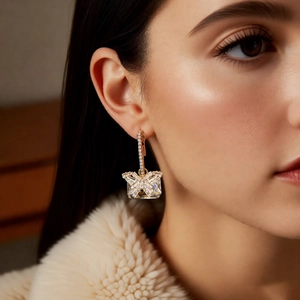 Close-up of luxury gold butterfly drop earrings with cubic zirconia on a model