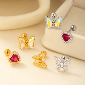 French vintage titanium steel heart and butterfly stud earrings with colorful gemstones