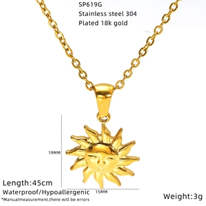 Detailed view of sun pendant necklace with dimensions 19x15mm in 18k gold plated steel