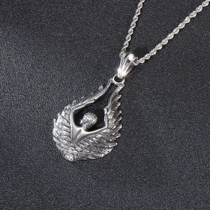 Detailed view of silver titanium steel angel wing pendant on a twisted rope chain