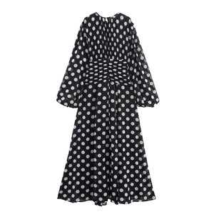 Vintage black polka dot chiffon maxi dress with pleated details and drawstring waist