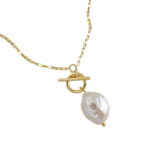Elegant 14K gold plated rectangle link chain with white baroque pearl and OT toggle clasp