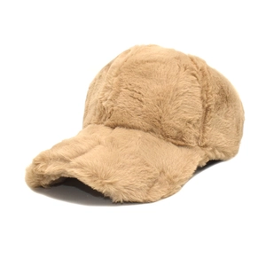 Detail of camel plush baseball cap showing thick faux rabbit fur texture and warmth