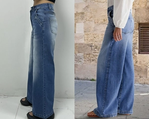 Détail du jean taille haute à jambes larges avec délavage vintage et coutures latérales