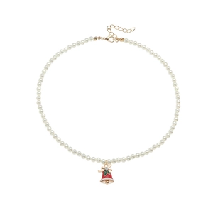 Detail of Christmas pearl necklace featuring a red enamel bell pendant with holly leaves