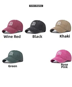 Multiple colors of washed denim baseball caps with embroidered DOG MOM and paw print
