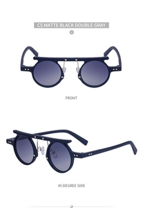 Front and 45-degree views of matte black punk sunglasses with golden star studs