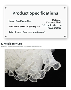 Detail of white pleated wave tulle with embedded pearls for elegant flower gift wrapping