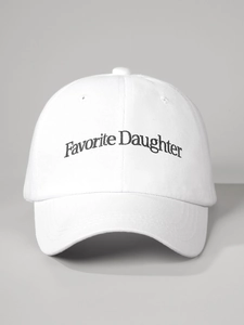 Close-up of Favorite Daughter embroidery on white cotton twill baseball cap fabric