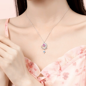 S925 silver crescent moon and star necklace with pink zircon on a delicate chain