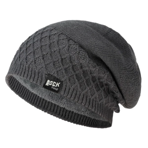 Warm dark grey knitted beanie with soft fleece lining and diamond pattern design